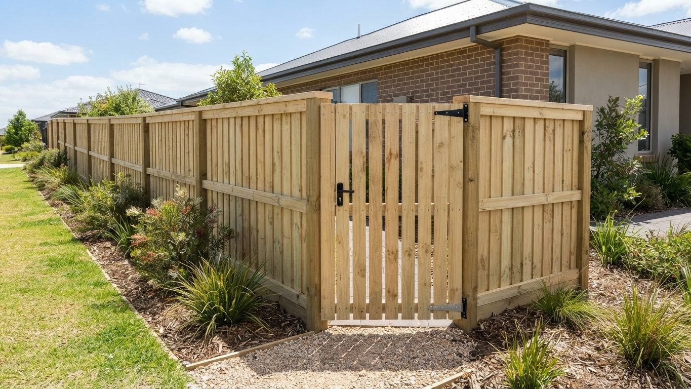 Treated pine timber paling fence and gate